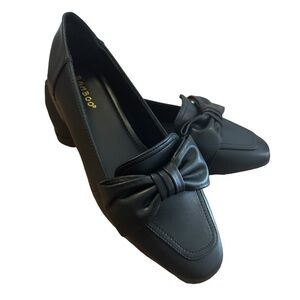 Bamboo Yuppie Slip On Faux Leather Classic Loafer Shoe With Bow in Black